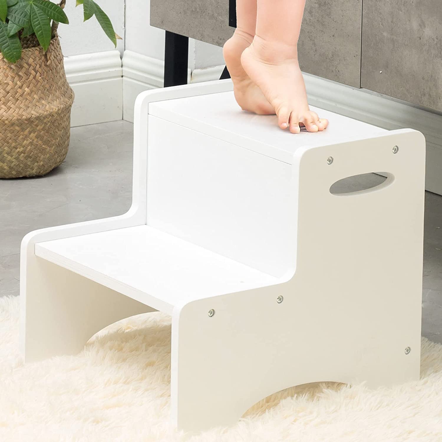 WOOD CITY Wooden Toddler Step Stool for Kids, White Two Step Children's Potty Stool with Handles, Bonus Non-Slip Pads for Safety